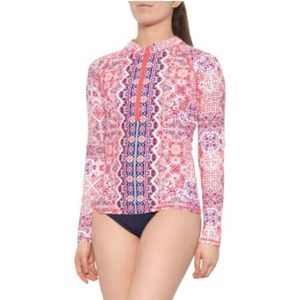 AQUA ET SOL Coral Pink Medallion Zip Neck Rashguard Swim Shirt Size Medium
